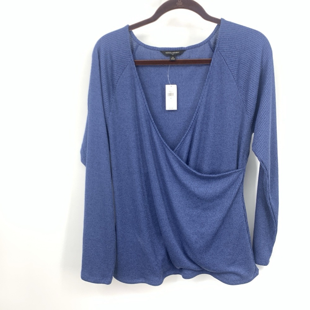 Banana‎ Republic Women Size XL Shirt Blue Ribbed Wrap Long Sleeve Top Sweater